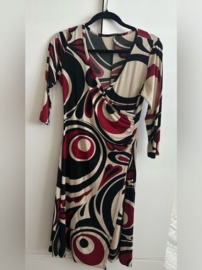 Soprano Abstract Wrap Dress in Beige, Black & Burgundy